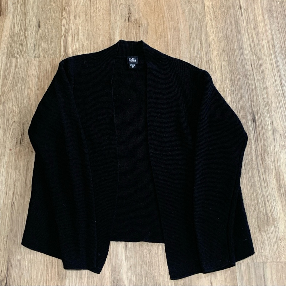 Eileen Fisher M Wool Black Open Front Cardigan Goth Grunge Witchy Minimalist